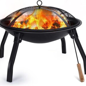 Cogesu Fire Pit, 22in Foldable Wood Burning Fire Pits for Outside, FirePit with Carry Bag, Spark Screen & Poker, Pack Grill, Folding Legs for Camping, Picnic, Bonfire