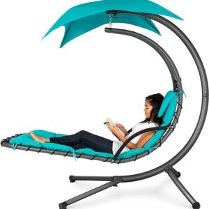 Best Choice Products Outdoor Hanging Curved Steel Chaise Lounge Chair Swing w/Built-in Pillow and Removable Canopy – Teal