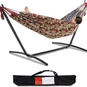 PNAEUT Double Hammock with Space Saving Steel Stand Included 2 Person Heavy Duty Outside Garden Yard Outdoor 450lb Capacity 2 People Standing Hammocks Jacquard (Bear)