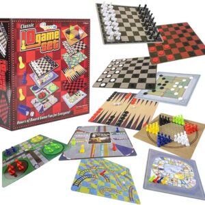 Gamie 10 in 1 Board Game Set, Travel-Friendly Family Board Game Set with Backgammon, Chinese Checkers, Snakes and Ladders, Game of The Goose, Sorry, Draught, Racing, Chess and More