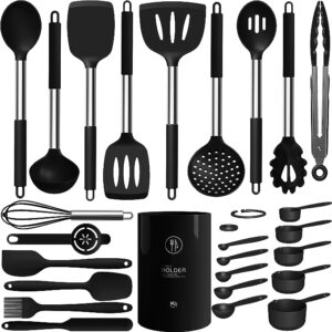 Large Silicone Cooking Utensils Set – Heat Resistant Kitchen Utensils Sets,Spatula,Spoon,Turner Tongs,Brush,Whisk,Stainless Steel Silicone Cooking Utensil for Nonstick Cookware,Dishwasher Safe (Black)