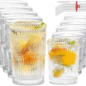 Lvtrupc 10Pcs Vintage Drinking Glasses – Romantic Highball Glasses & Rocks Glasses, Striped Glass Tumbler Cups for Water Coffee Juice Cocktail, Luxurious Floral Embossed Clear Glassware Set