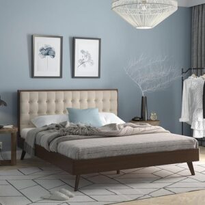 DG Casa Soloman Beige Solid Wood and Upholstered Platform Bed Frame with Tufted Headboard, Full Wooden Slats, Easy Assembly, No Box Spring Required – Modern Mid Century Style King Size Bed