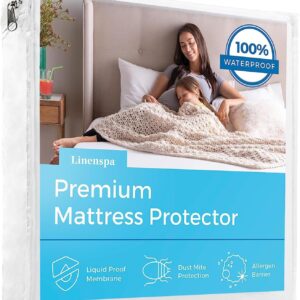 Linenspa Waterproof Smooth Top Premium Queen Mattress Protector, Breathable & Hypoallergenic Queen Mattress Covers – Packaging may vary, White